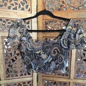 Bar III Paisley Print Crop Top - Black, Blue, Brown